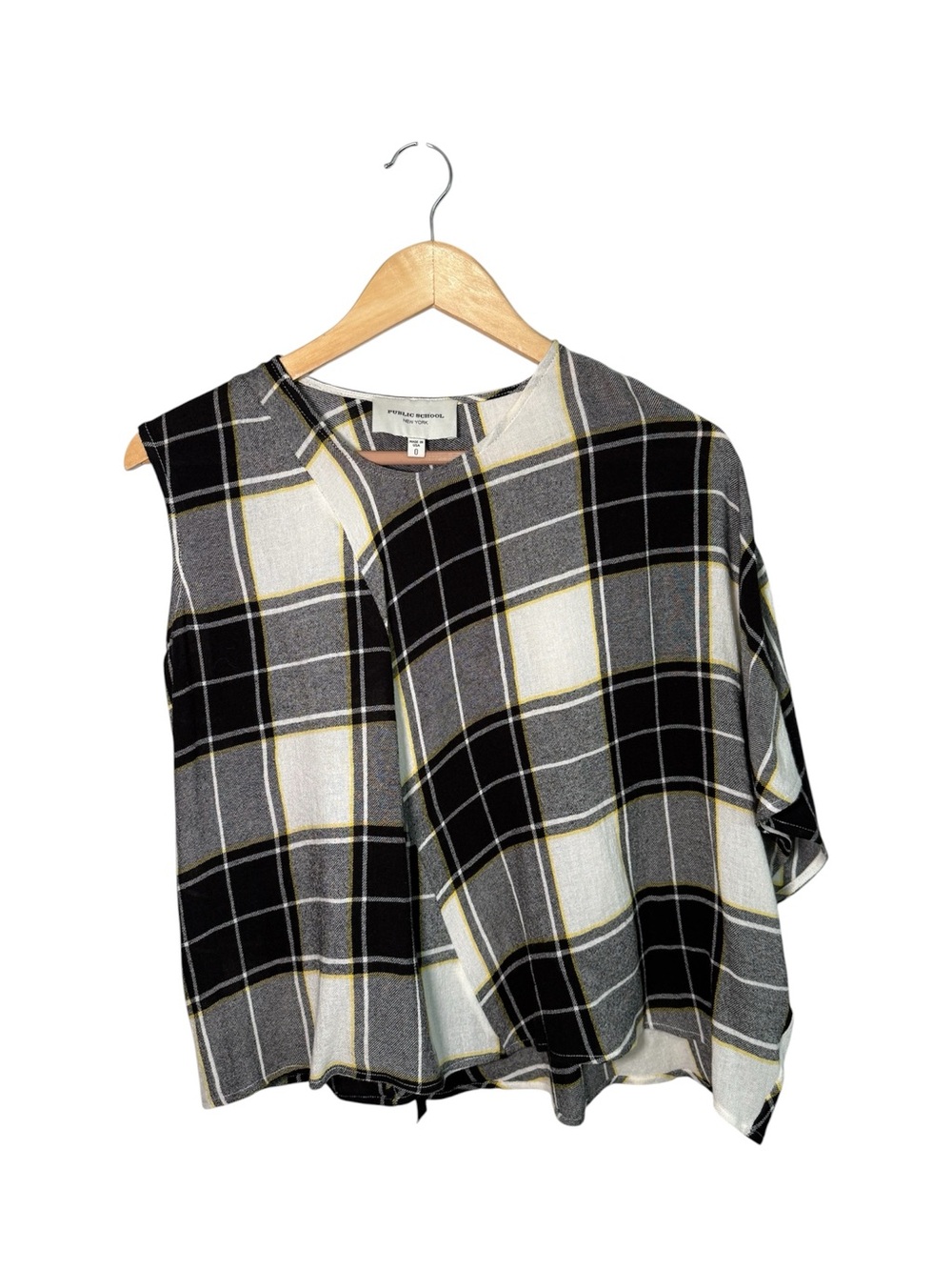 Public School NY Aloran Asymmetrical Plaid Top Black White Yellow Sz 0 - Picture 3 of 8